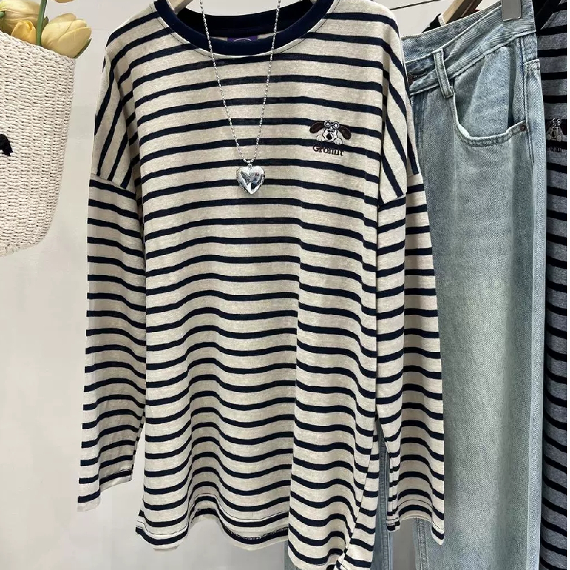 韩国东大门200斤大码刺绣狗狗减龄条纹T恤上衣女早春秋长袖打底衫