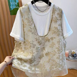 宽松上衣 女夏季 胖妹妹大码 超好看独特叠穿网纱马甲t恤两件套短袖