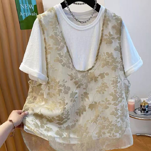 胖妹妹大码超好看独特叠穿网纱马甲t恤两件套短袖女夏季宽松上衣