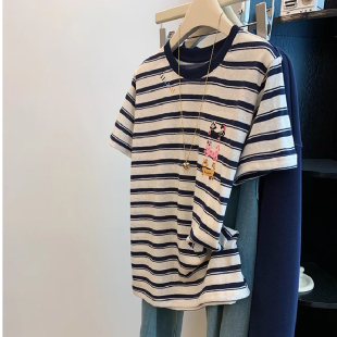女夏季 T恤衫 宽松上衣 超好看童趣刺绣猫咪条纹短袖 胖妹妹200斤大码
