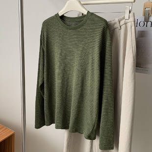 宽松打底衫 胖妹妹200斤大码 春季 上衣女装 慵懒风复古绿色条纹长袖