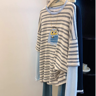 宽松T恤上衣 女春季 胖妹妹200斤大码 今年流行好看假两件雪花棉长袖