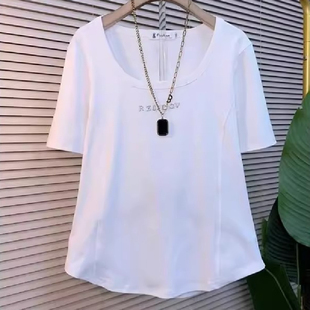 胖妹妹200斤大码 上衣女夏宽松显瘦T恤 独特设计感弧形下摆U领短袖