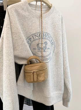 胖mm正肩大码美式灰色刺绣加绒圆领卫衣女秋冬240斤ins慵懒风上衣