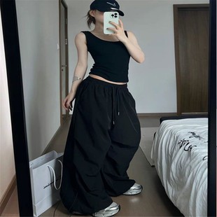 女春秋寬松褶皺休閑長褲 子爵士舞傘兵褲 闊腿工裝 黑色運動褲 褲 美式