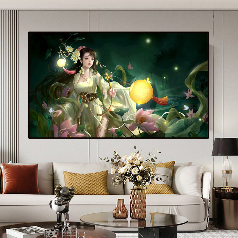 钻石画新款满钻2023荷花仙子手工点贴钻十字绣客厅古风画女孩卧室