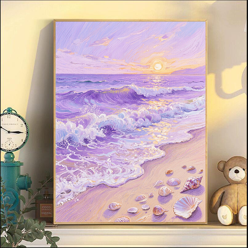 钻石画紫色云海沙滩风景画