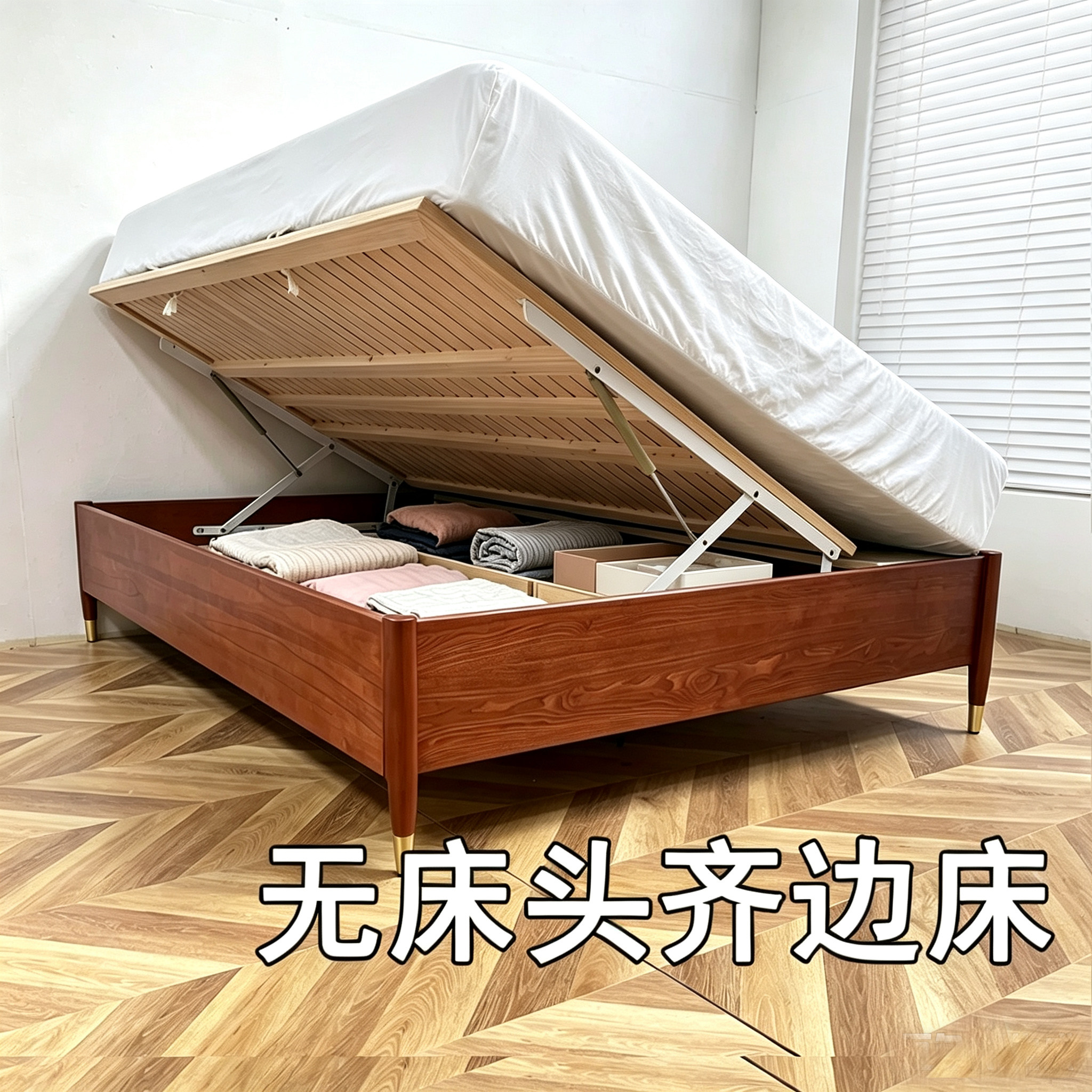 无床头齐边侧开1米8白蜡木1米5储物高箱榻榻米1900mm总长实木床图片