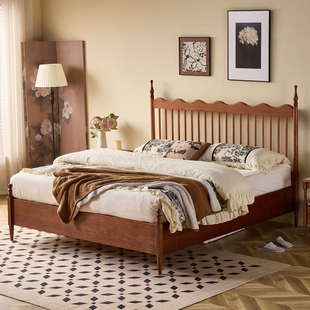 长190超薄床头1米8波浪135高脚箱体离地1米2中古风白蜡木全实木床