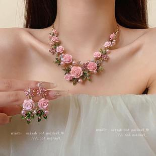 甜美玫瑰花朵田园风锁骨高级珍珠项链森系r颈链今年新款百搭项饰