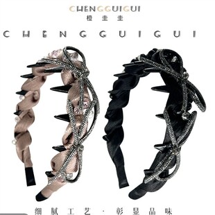 重工黑色蝴蝶结手工褶皱带齿细发箍女高级感时尚洋气头箍发饰