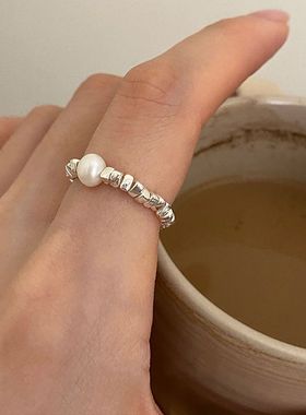 2026年时尚潮简约小众设计感碎银子珍珠戒指ins 女个性可调节指环