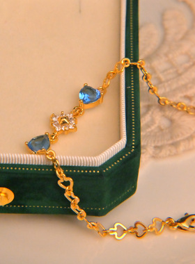 法式复古手饰优雅蓝色锆石爱心手链高级感设计手链手镯女