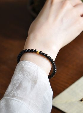 新中式天然黑檀木手串小众男女手绳金珠檀木文玩配饰黑檀圆珠手链