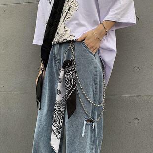 韩版INS原宿bf风复古嘻哈超火腰扣双色腰花丝巾双层链条套装男女