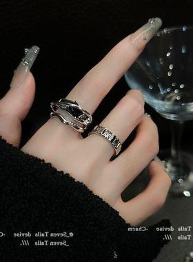 几何冷淡风ins黑水晶戒指小众设计时尚个性高级感开口戒网红女潮