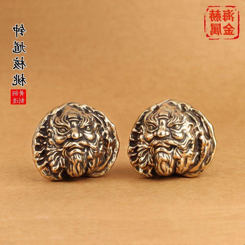 黄铜实心钟馗核桃手把件球形老人盘手球把玩件金属雕刻核桃长辈