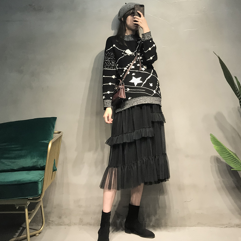 热销19件限时秒杀孕妇装秋款套装潮妈时尚星空毛衣上衣秋季长款网纱蛋糕裙两件套秋