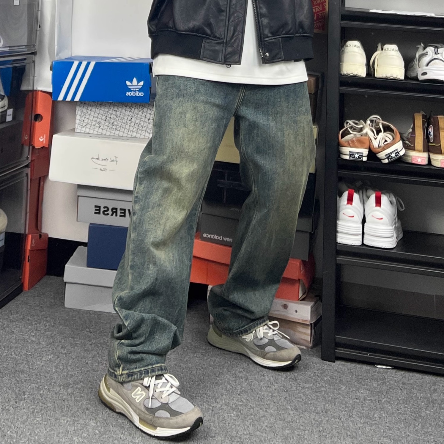 做旧宽松直筒五袋款直筒牛仔裤