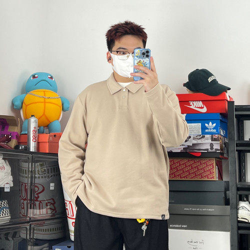 日系复古潮流宽松POLO领长袖T恤