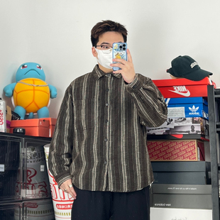 斌斌梨雪尼尔条纹提花柔软长袖衬衫日系复古工装衬衣微胖男生上衣