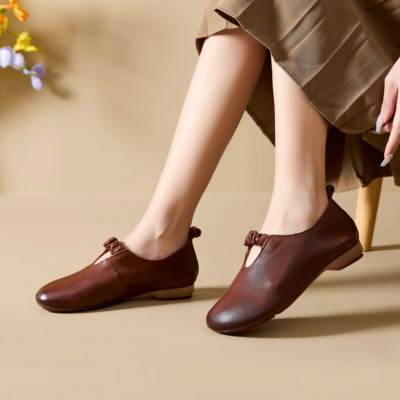 80710头层牛皮复古牛筋防滑软底单鞋圆头免系带一脚蹬妈妈鞋