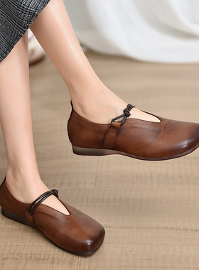 80601头层牛皮复古鞋复古风手工浅口魔术帖单鞋