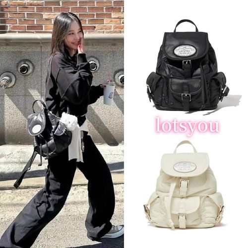 韩国代购lotsyou jennie同款双肩包实用小巧多口袋翻盖抽绳背包女