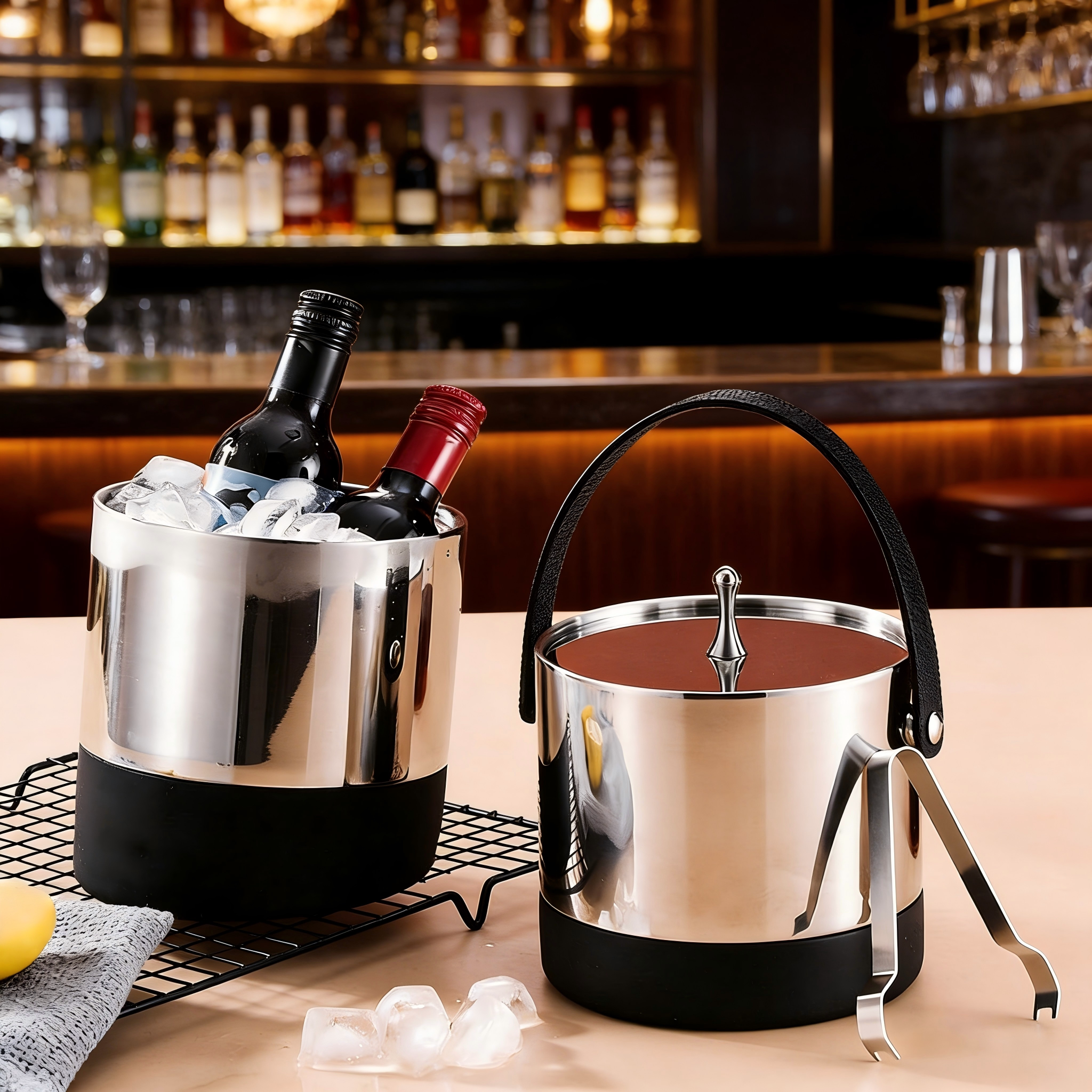 轻奢304不锈钢双层冰桶冰块桶创意家用防滑红酒冰酒桶酒吧KTV啤酒