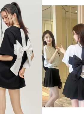 YIJIANGLAN春夏新款女装T恤衫大蝴蝶结长款宽松休闲YJL24C6736