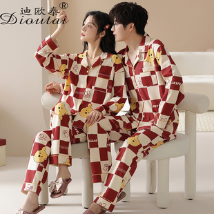 情侣睡衣女春秋款纯棉长袖新婚格子红色家居服男士结婚本命年套装