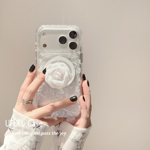 ins法式白色线条玫瑰花磁吸支架壳适用iphone17ProMax苹果16手机壳14高级感15女13透明