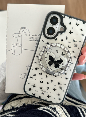 韩系ins少女黑色碎花蝴蝶爱心磁吸支架适用iphone17ProMax苹果16手机壳14新款15女13