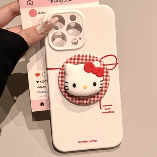 小众简约红色线条蝴蝶结Kitty猫磁吸支架适用苹果15ProMax手机壳iPhone16pro全包13少女心14Promax菲林保护套