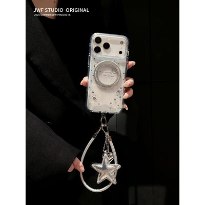 日韩ins浪漫星球磁吸支点360支架适用iphone17ProMax苹果16手机壳14斜挎挂绳15女13透明