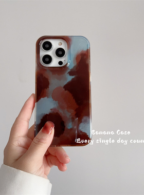 高级感秋冬ins复古氛围感蓝棕色晕染锡纸纹适用iphone17ProMax苹果16手机壳14链条15女13