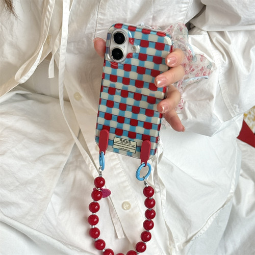 复古蓝红格子撞色ins手提链条适用iphone17ProMax苹果16手机壳14防摔15女13女款