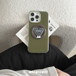 小众复古橄榄绿波点磁吸手机壳折叠爱心格纹支架适用iphone17ProMax苹果16手机壳14新款15女13