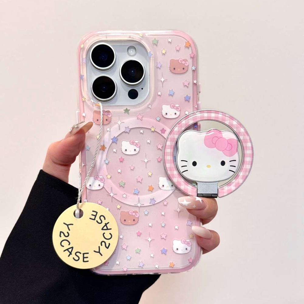 小众ins少女粉星星Kitty猫咪磁吸壳适用苹果16ProMax手机壳iPhone17pro全包13旋转磁吸支架14Pro保护套15少女