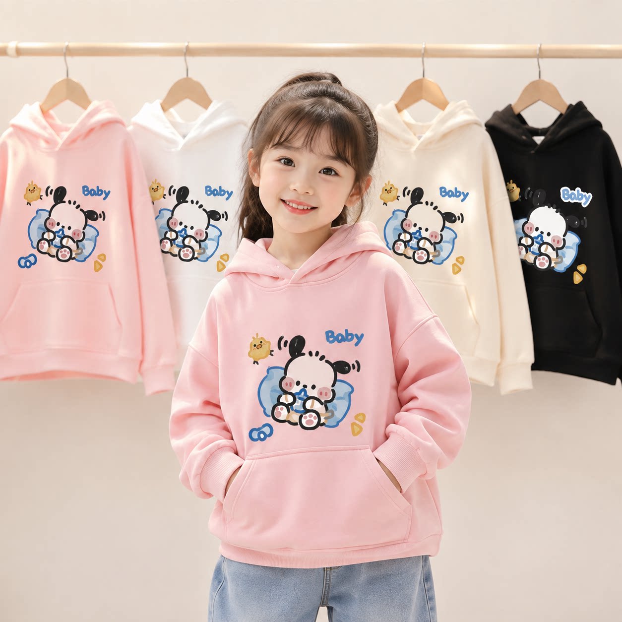 女童连帽卫衣新款卡通印花女童2026秋冬季卫衣潮牌宽松百搭上衣服