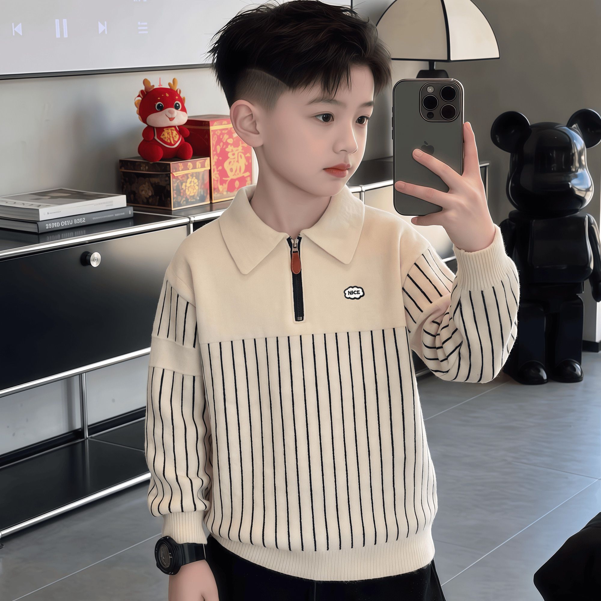 男童毛衣秋冬新款中大儿童洋气长袖上衣男孩条纹保暖毛线衣打底衫