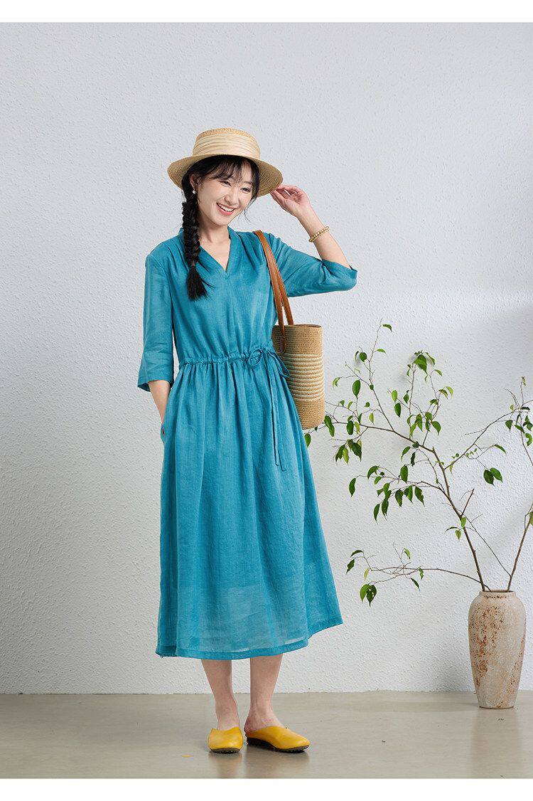 2026新款原创夏款棉麻莱赛尔纤维文艺优雅气质单层不透中袖连衣裙
