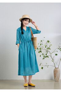 2026新款原创夏款棉麻莱赛尔纤维文艺优雅气质单层不透中袖连衣裙