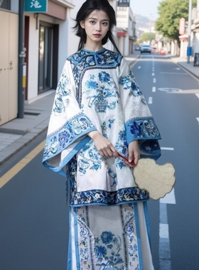两件套一揽富贵中国风晚清青花瓷印花清汉女装商晋少奶奶服马面裙