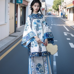 两件套一揽富贵中国风晚清青花瓷印花清汉女装商晋少奶奶服马面裙