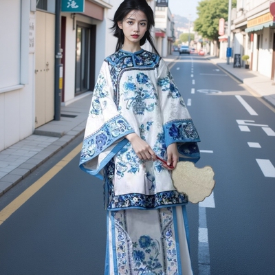 两件套一揽富贵中国风晚清青花瓷印花清汉女装商晋少奶奶服马面裙