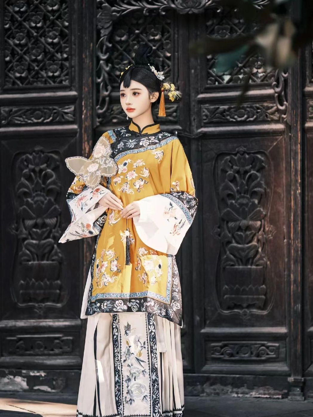 套装原创清汉女斜襟立领对襟重工清代服饰印花汉服马面裙上衣格格