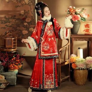 加绒加厚【晚碟】清汉女冬款斜襟立领复古风少奶奶媒婆印花马面裙