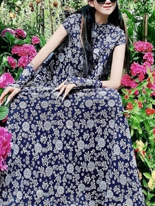 杨丽萍明星同款民族风复古秋春夏季新款棉麻碎花短袖连衣裙女长裙