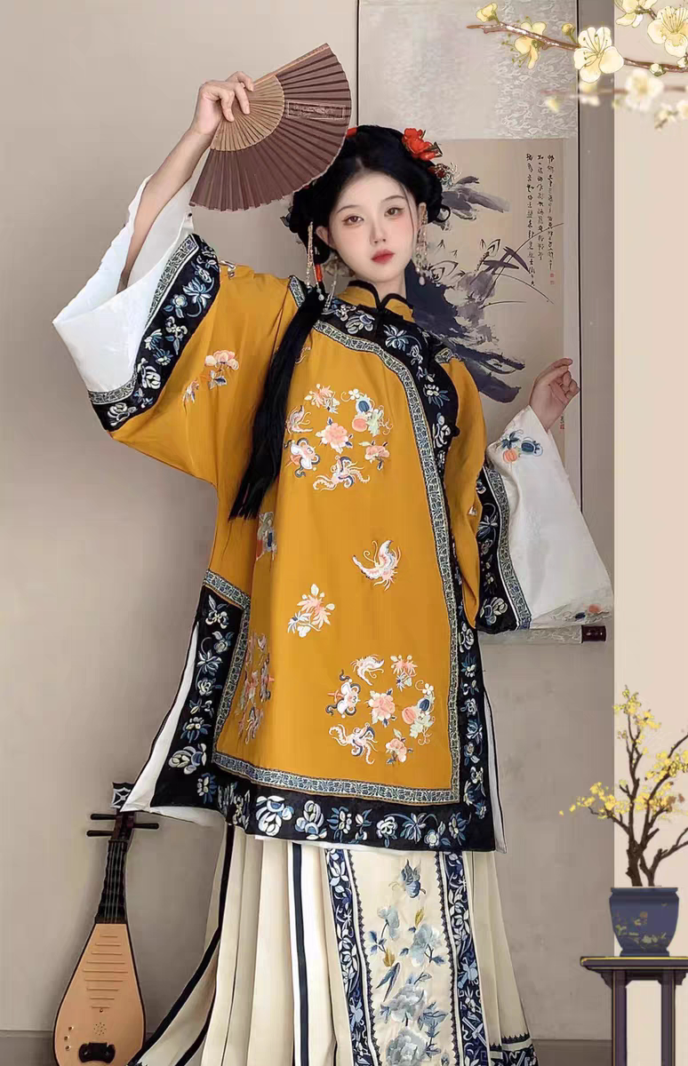 两件套改良版新品清汉女斜襟立领马面裙重工清代印花服饰斜领上衣